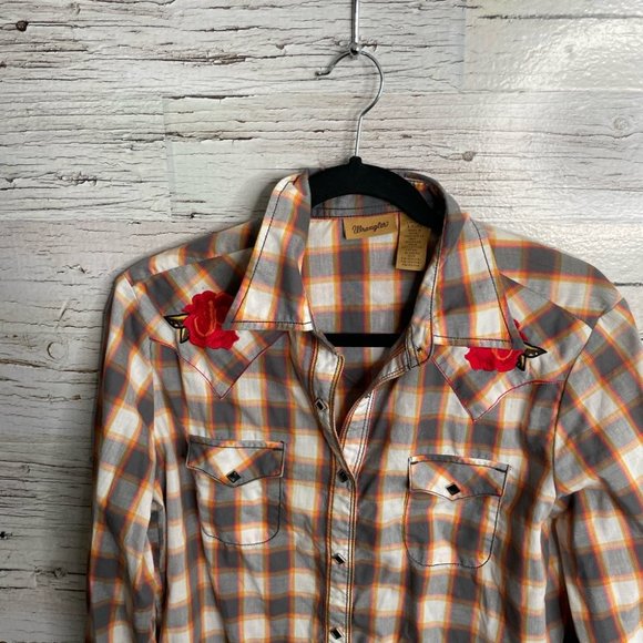 Wrangler brown red floral plaid blouse top size large western - Picture 12 of 14